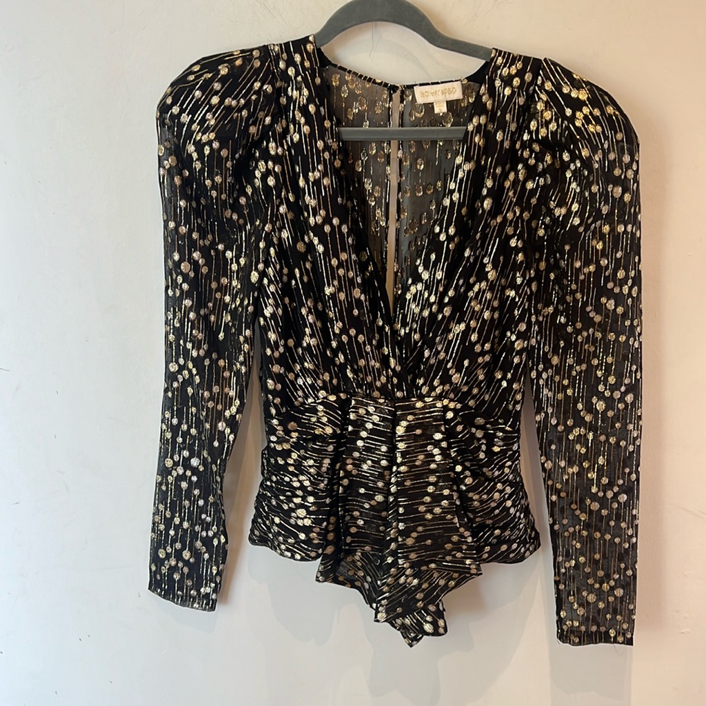 Ronny Kobo Deep V-Neck Black Gold Sheer Long Sleeve Sexy Silk Party Top Small